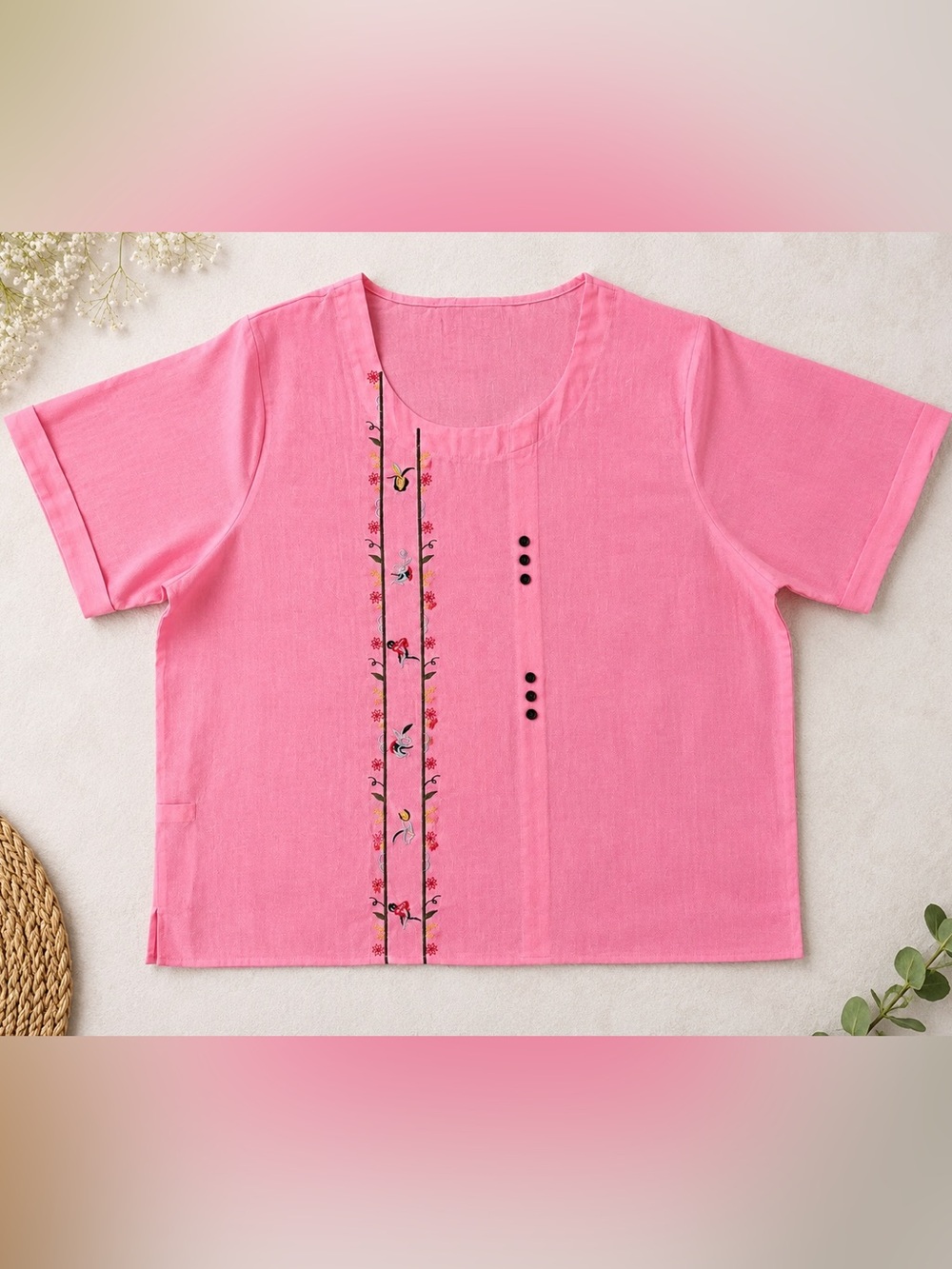 Pink Embroidered Short-Sleeve Top